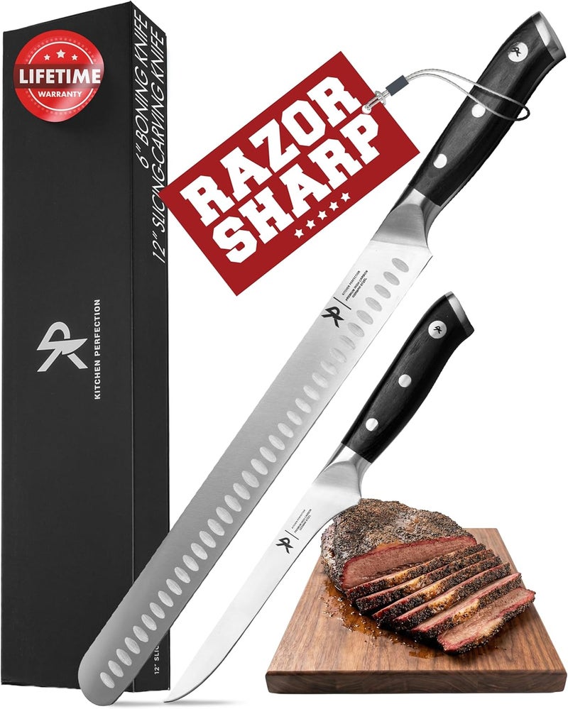 Kitchen perfection BBQ Carving Set for Meat -12” Brisket Slicing Knife +6” Boning Knife with Sheaths - Razor Sharp, Premium German Steel, Full Tang Ergonomic Handles- Perfect Grilling Gifts for Men - Image 1